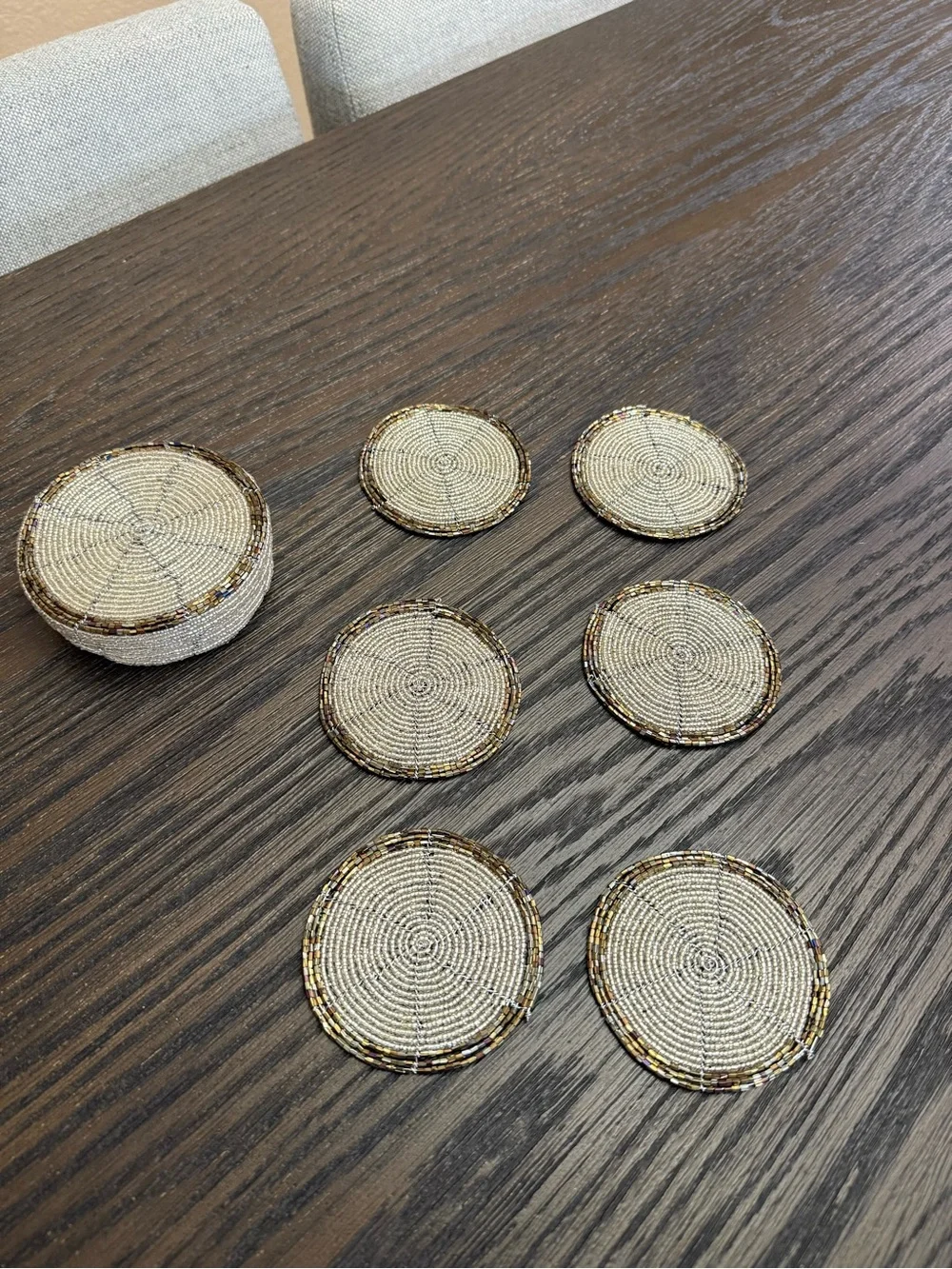 NWOT Handmade Kenyan Beaded Coasters Set of 6 with Matching Storage Box